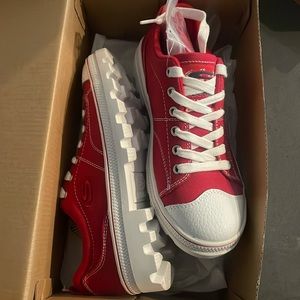 Red and white sneakers